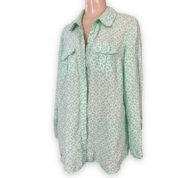 Charter Club Woman Linen Pattern Long Sleeve Button Tab Semi Sheer Blouse - Picture 4 of 15